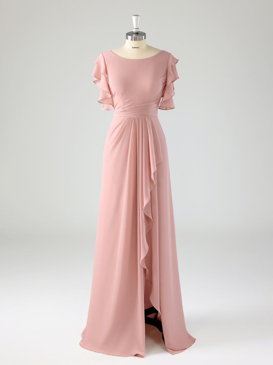 Leira Graceful Scoop Ruffles Floor Length Chiffon Bridesmaid Dresses
