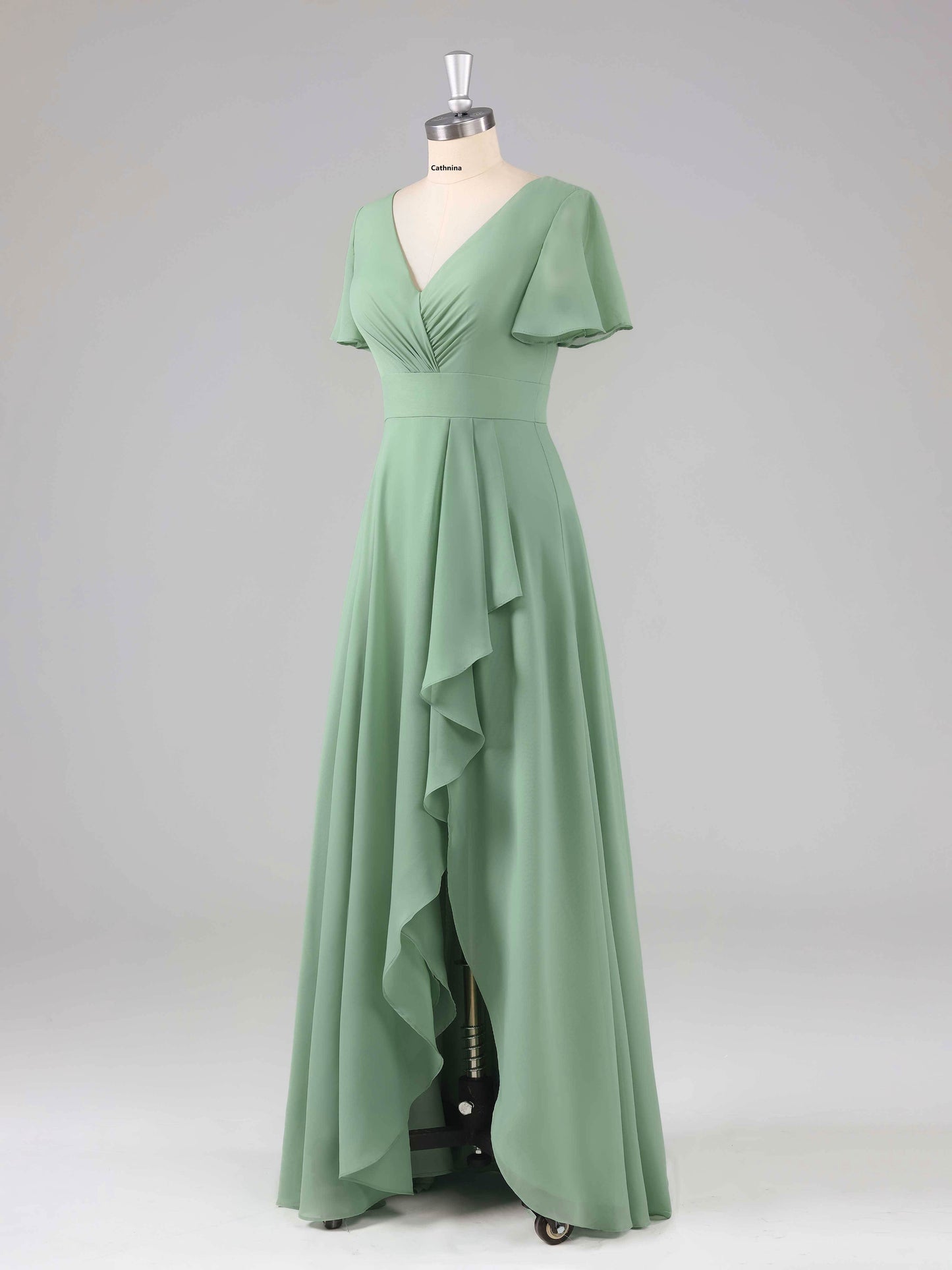 Leliana Simple V-Neck Ruffles Bridesmaid Dresses with Slit