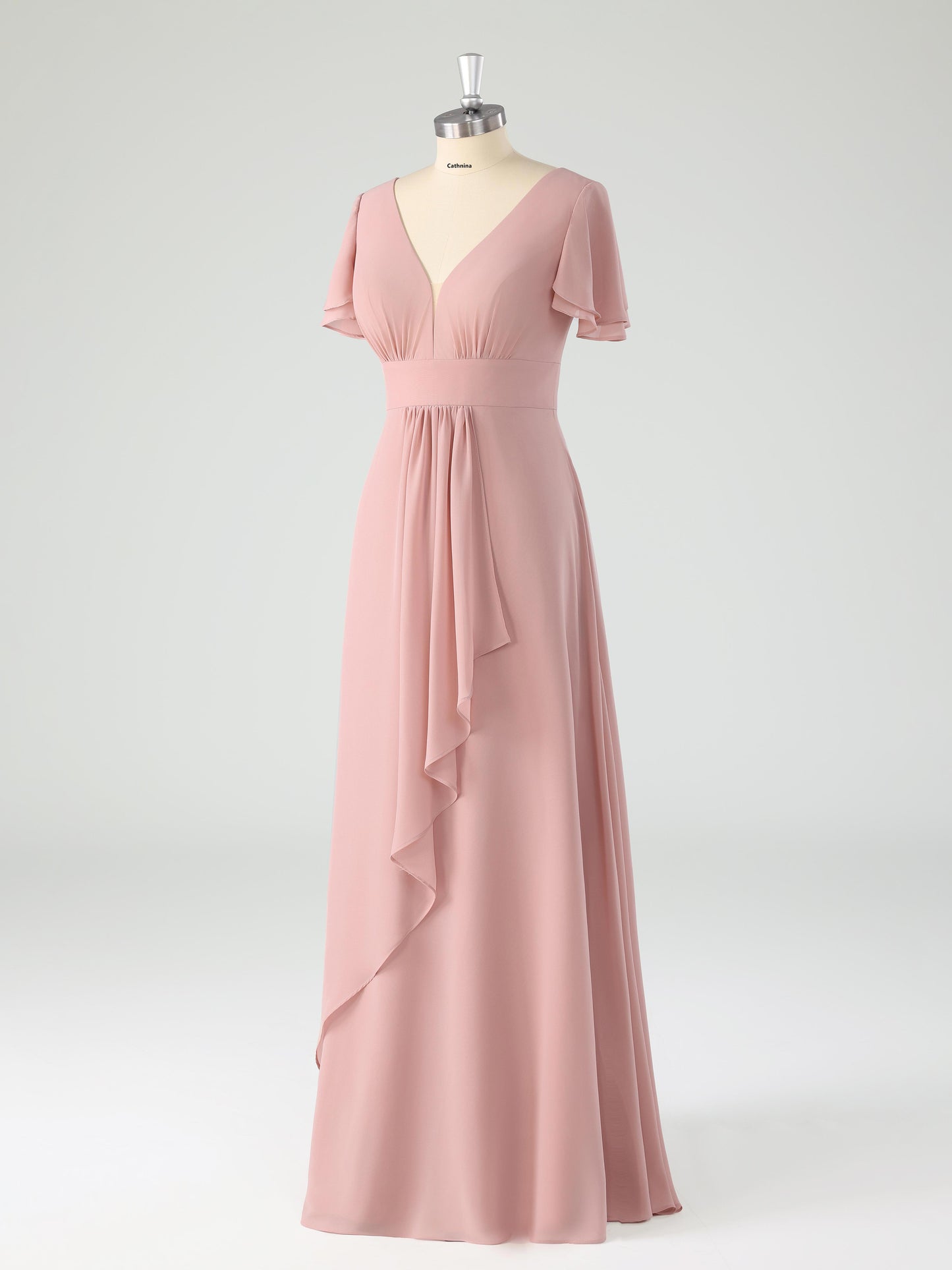 Lemel Modest V-neck Flutter Sleeves A-line Chiffon Bridesmaid Dresses
