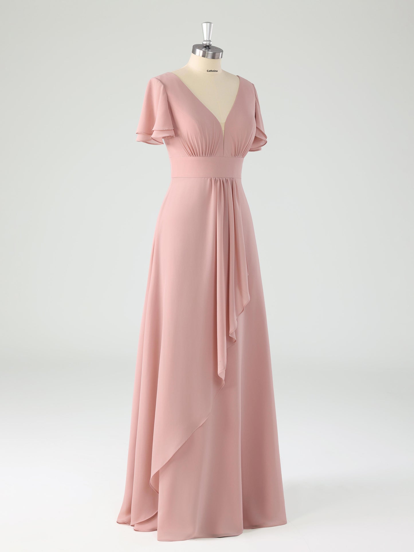 Lemel Modest V-neck Flutter Sleeves A-line Chiffon Bridesmaid Dresses