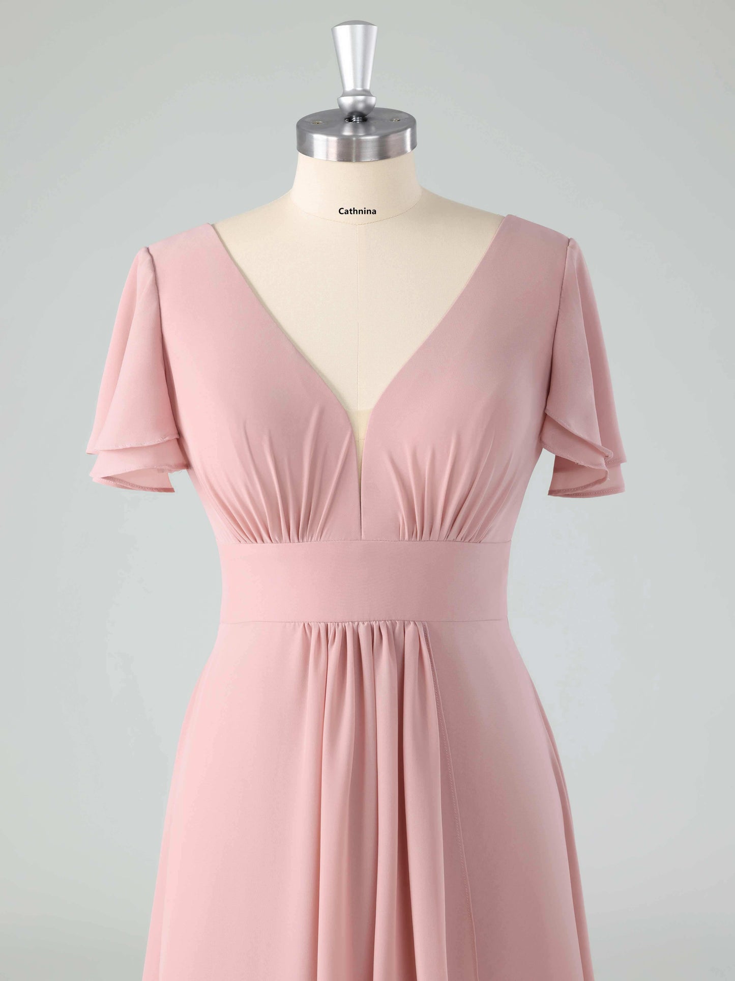 Lemel Modest V-neck Flutter Sleeves A-line Chiffon Bridesmaid Dresses