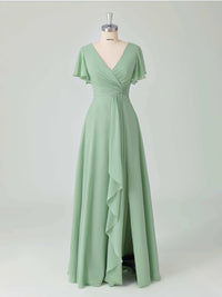 Liora V-Neck Ruffles Flutter Sleeves Bridesmaid Dresses with Slit