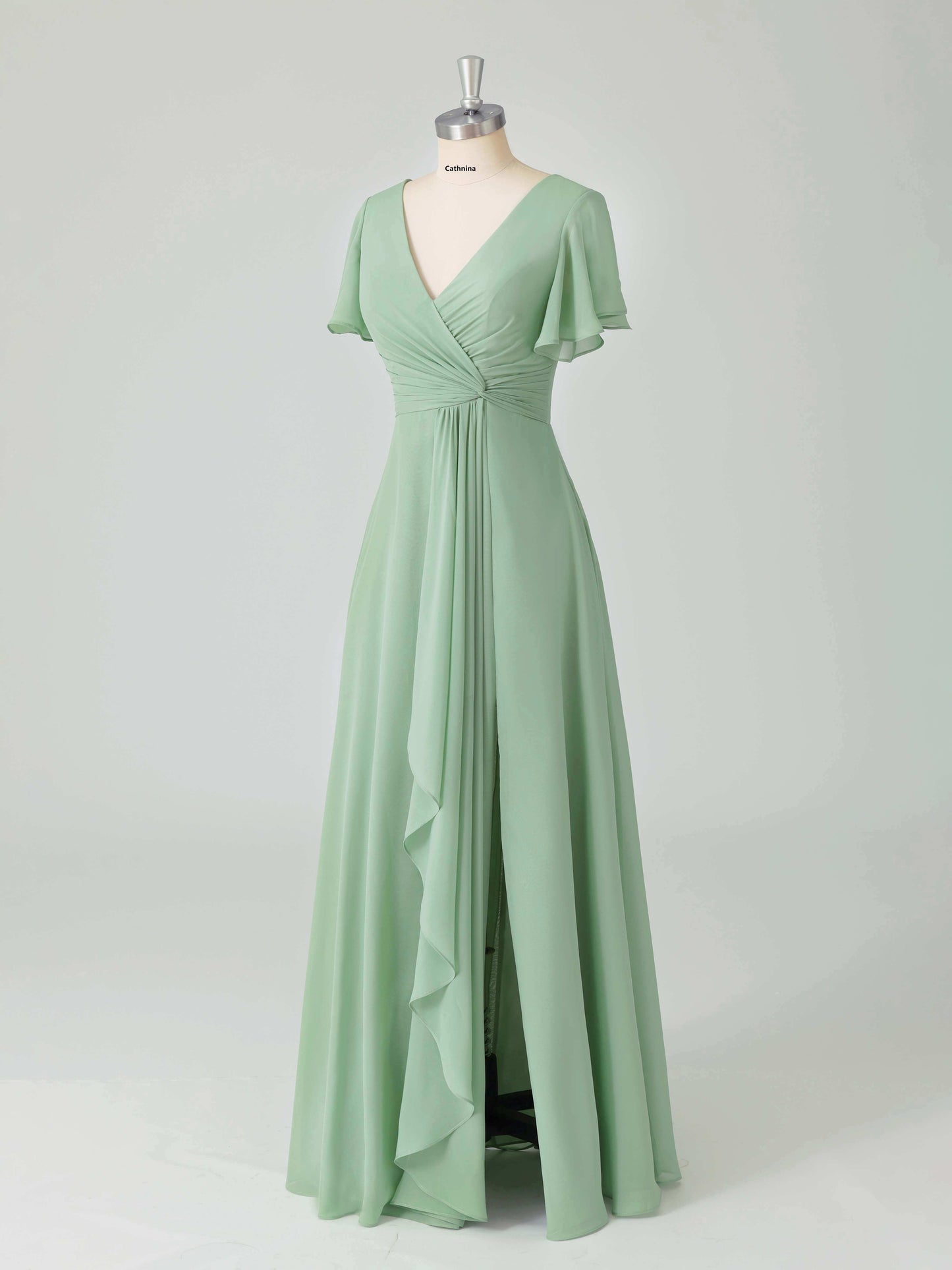 Liora V-Neck Ruffles Flutter Sleeves Bridesmaid Dresses with Slit