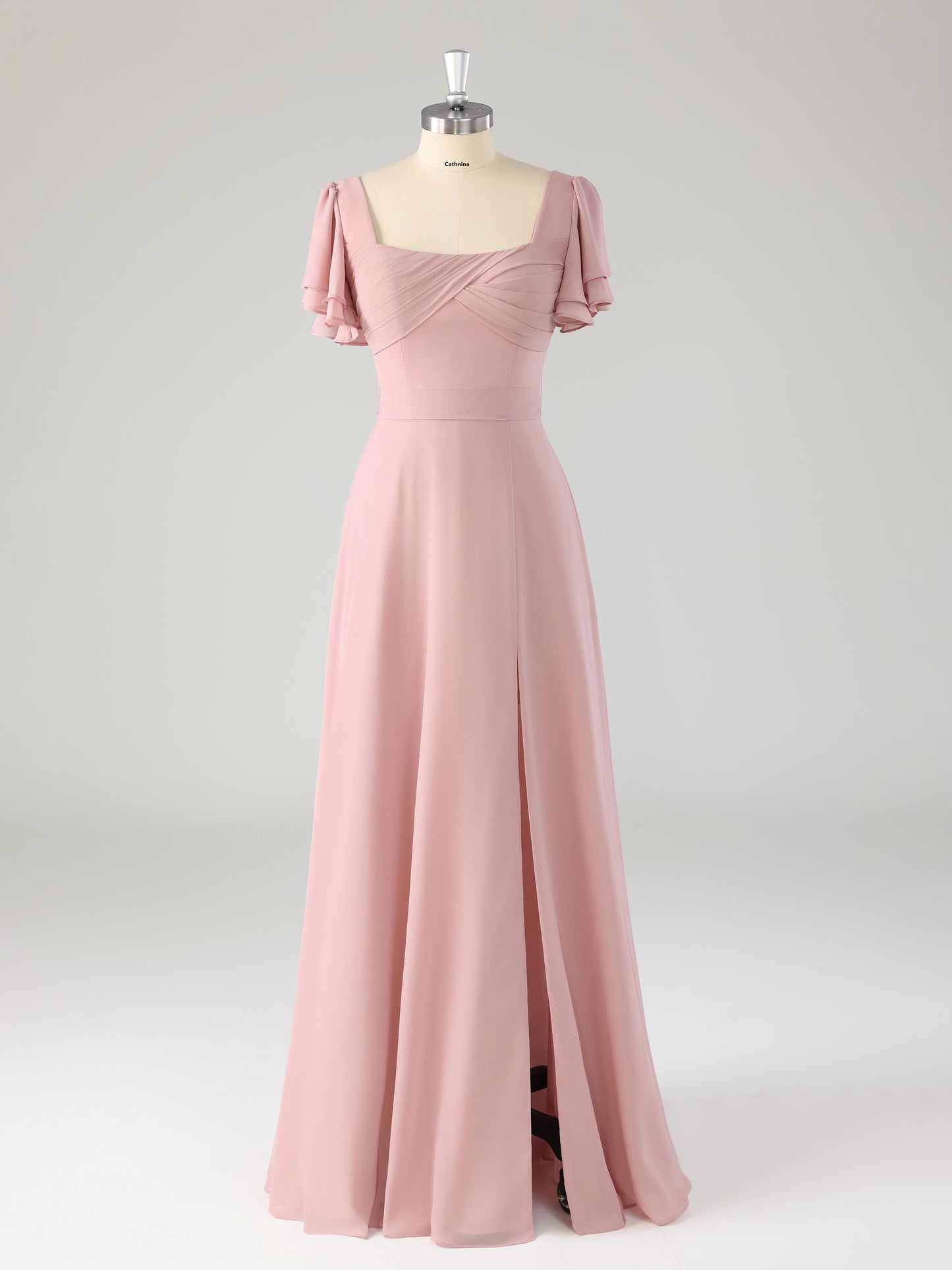 Liren Chic Square Flutter Sleeves Chiffon Bridesmaid Dresses with Slit