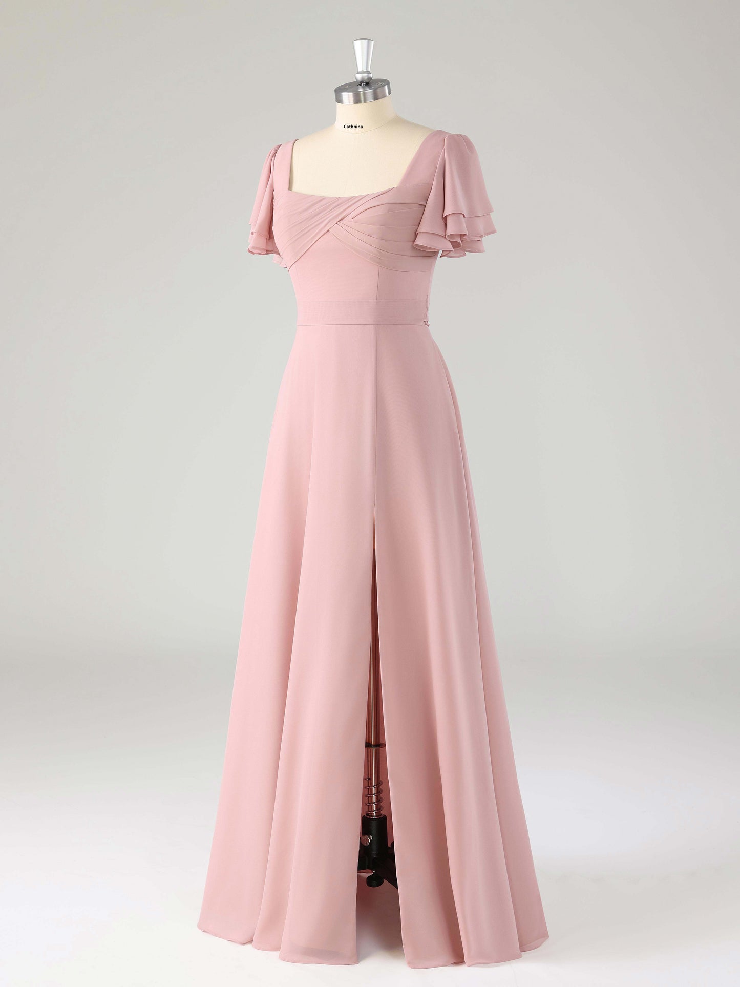Liren Chic Square Flutter Sleeves Chiffon Bridesmaid Dresses with Slit