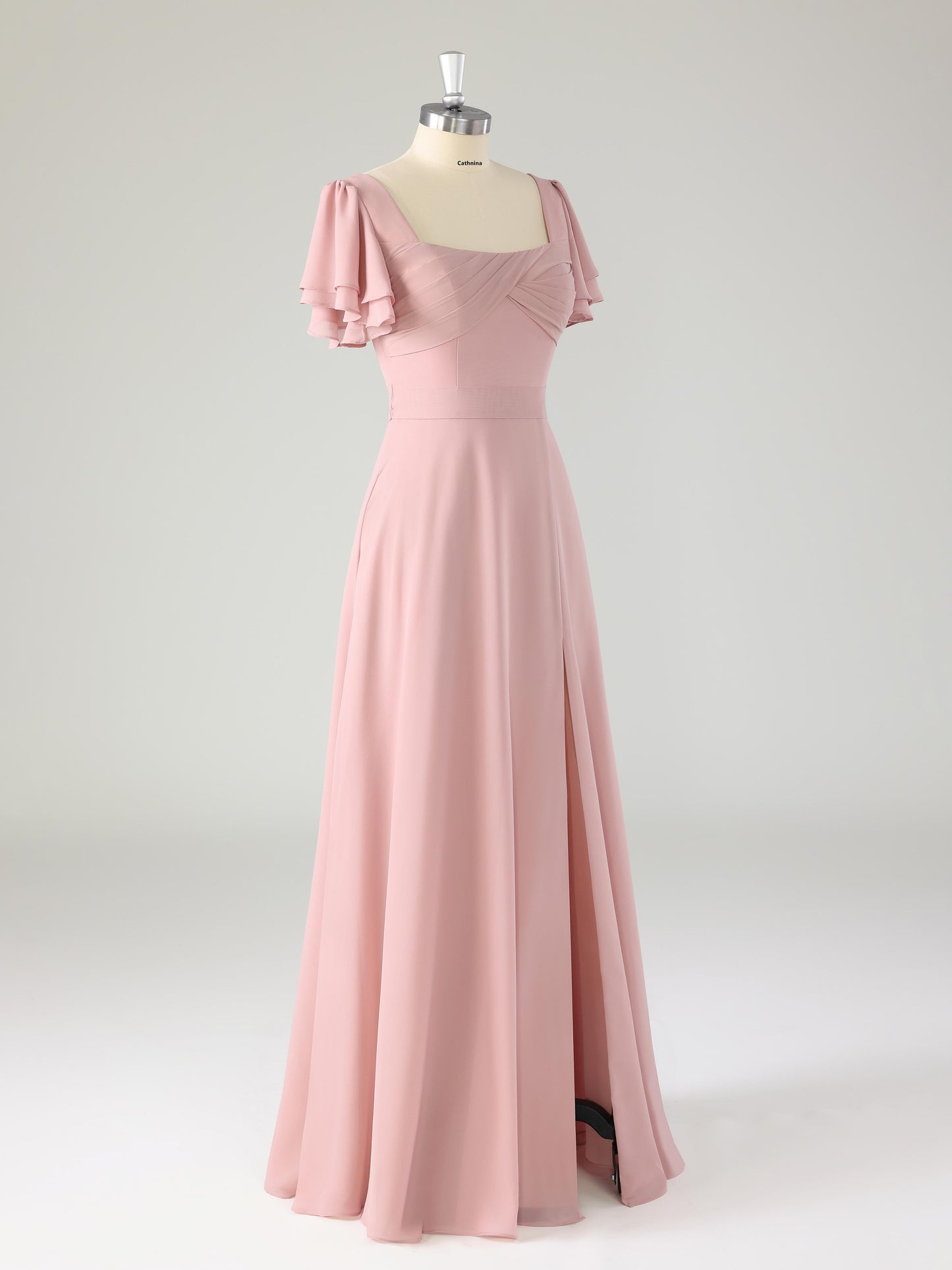 Liren Chic Square Flutter Sleeves Chiffon Bridesmaid Dresses with Slit