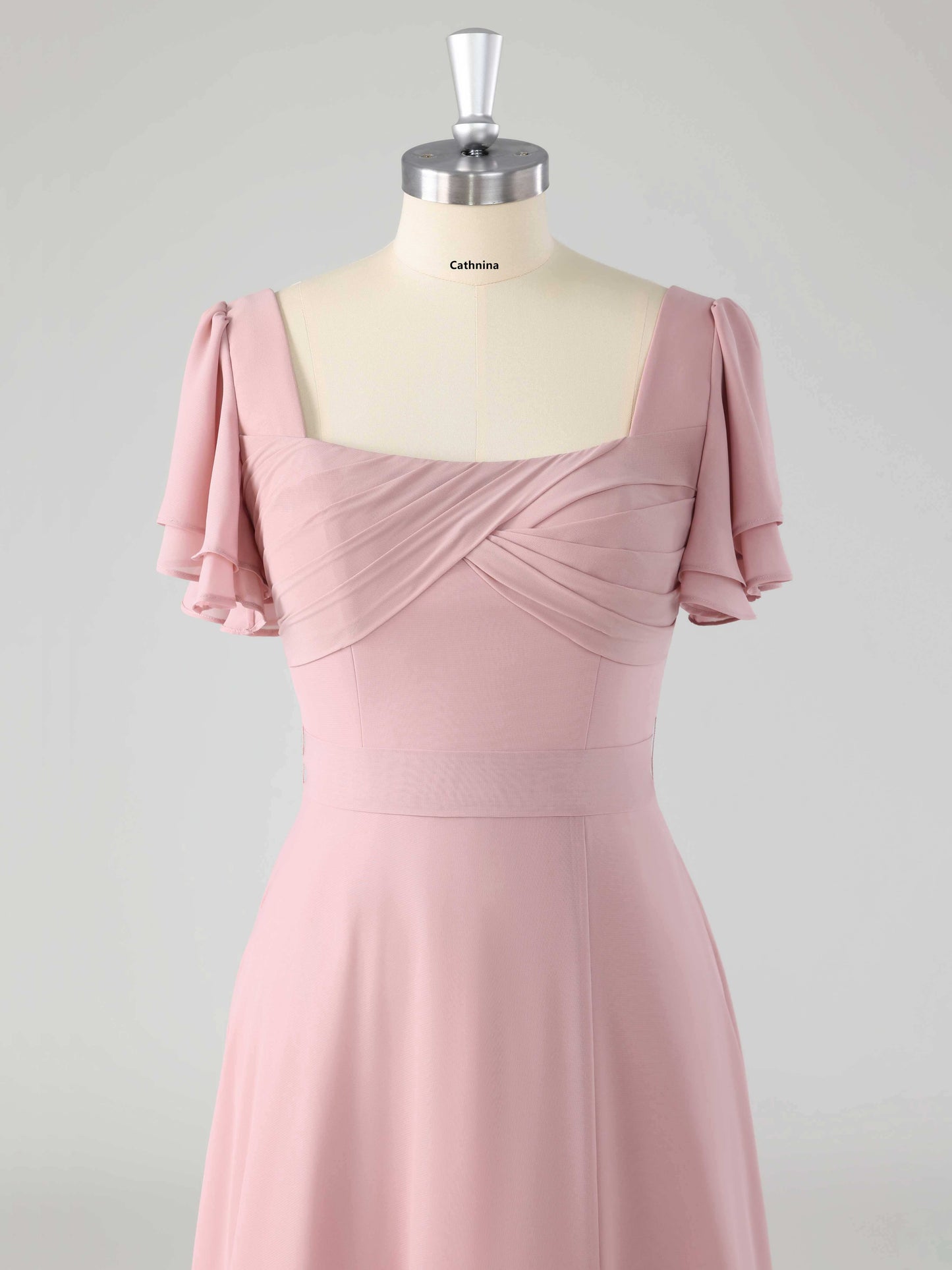 Liren Chic Square Flutter Sleeves Chiffon Bridesmaid Dresses with Slit
