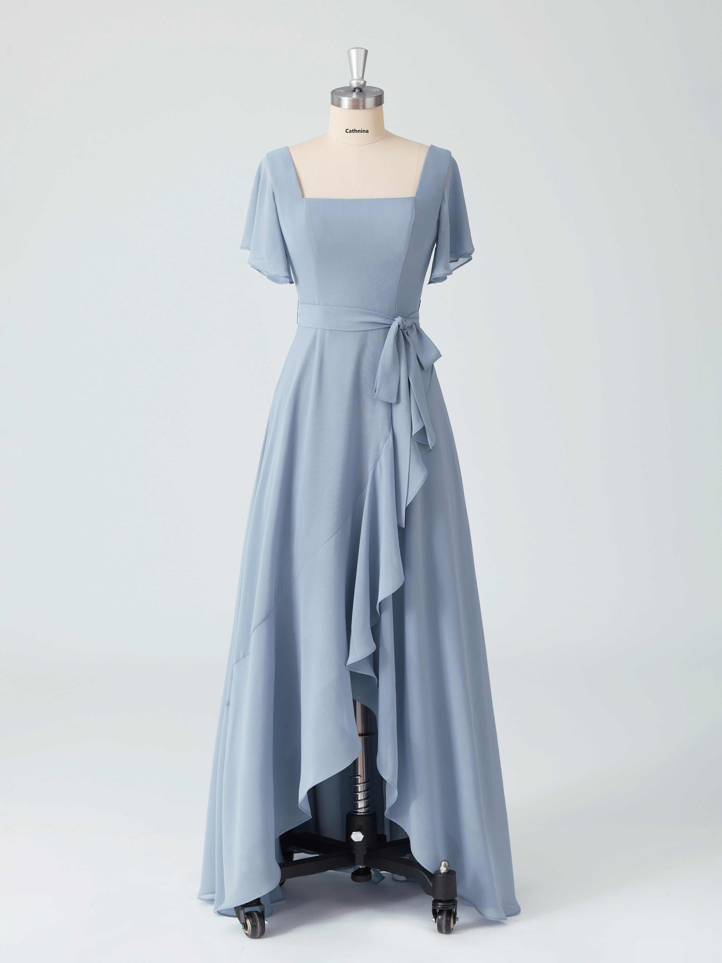 Lumina A-line Square Neck Asymmetrical Chiffon Dresses with Belt