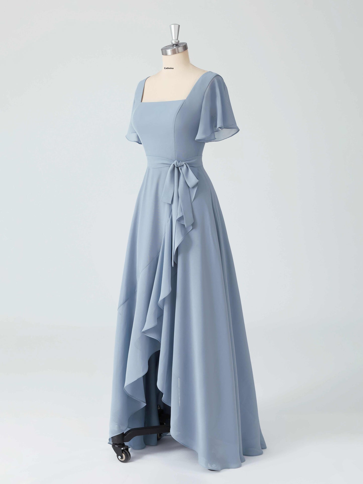 Lumina A-line Square Neck Asymmetrical Chiffon Dresses with Belt