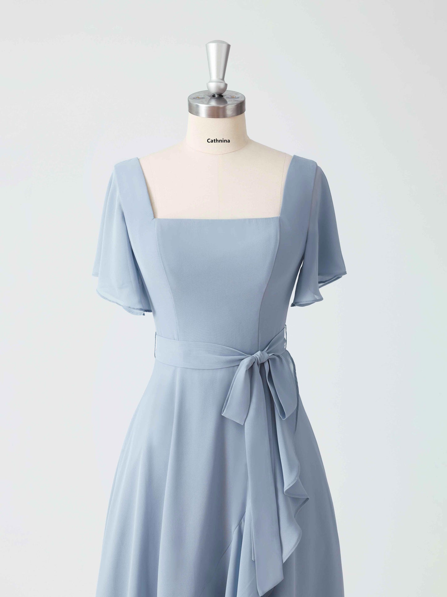 Lumina A-line Square Neck Asymmetrical Chiffon Dresses with Belt