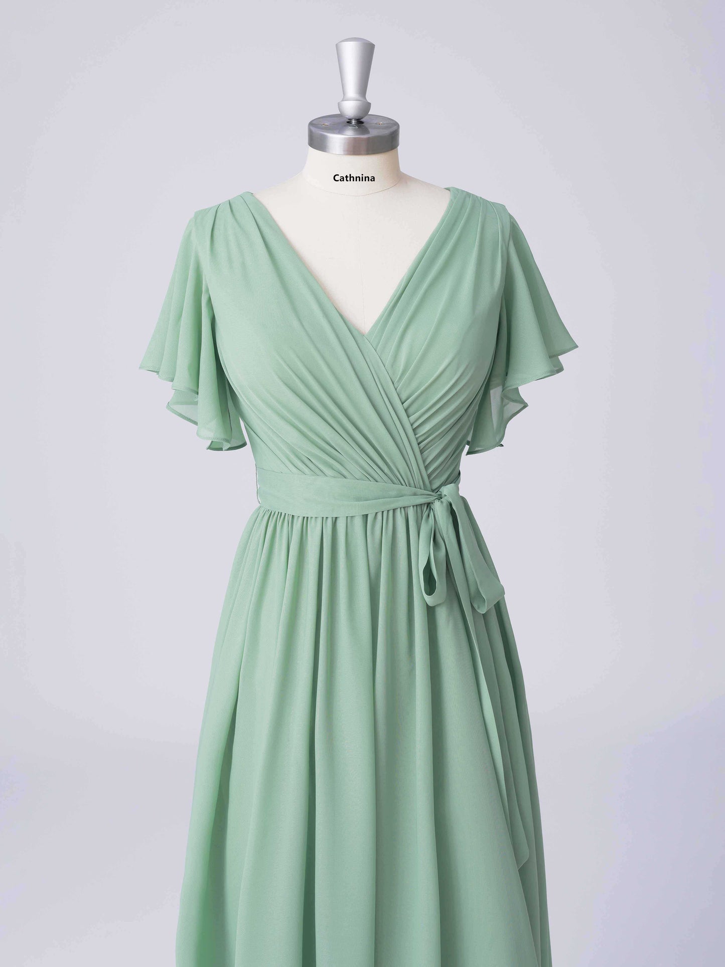 Lunette Elegant V-Neck Chiffon A-line Bridesmaid Dresses with Belt