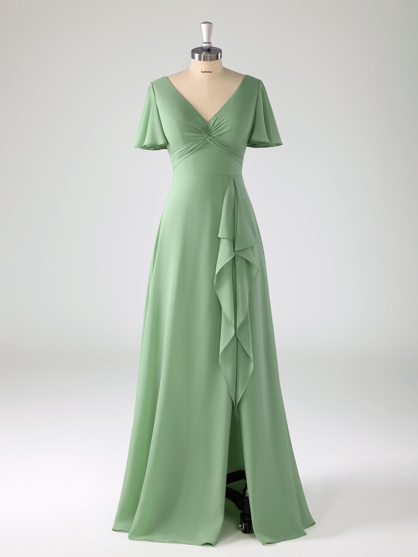 Lyrah Trendy V-neck Ruched Flutter Sleeves Bridesmaid Dresses with Slit