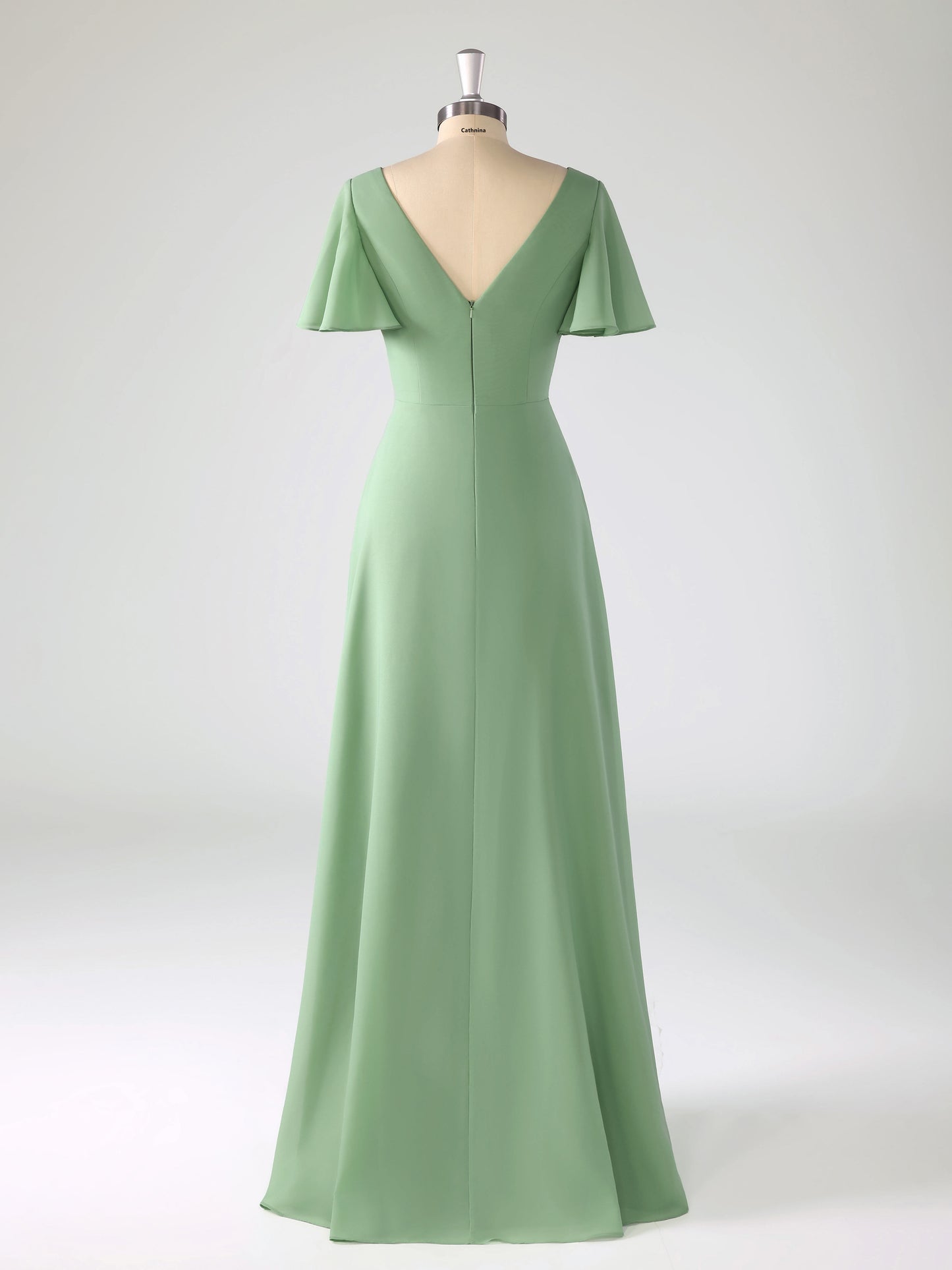 Lyrah Trendy V-neck Ruched Flutter Sleeves Bridesmaid Dresses with Slit