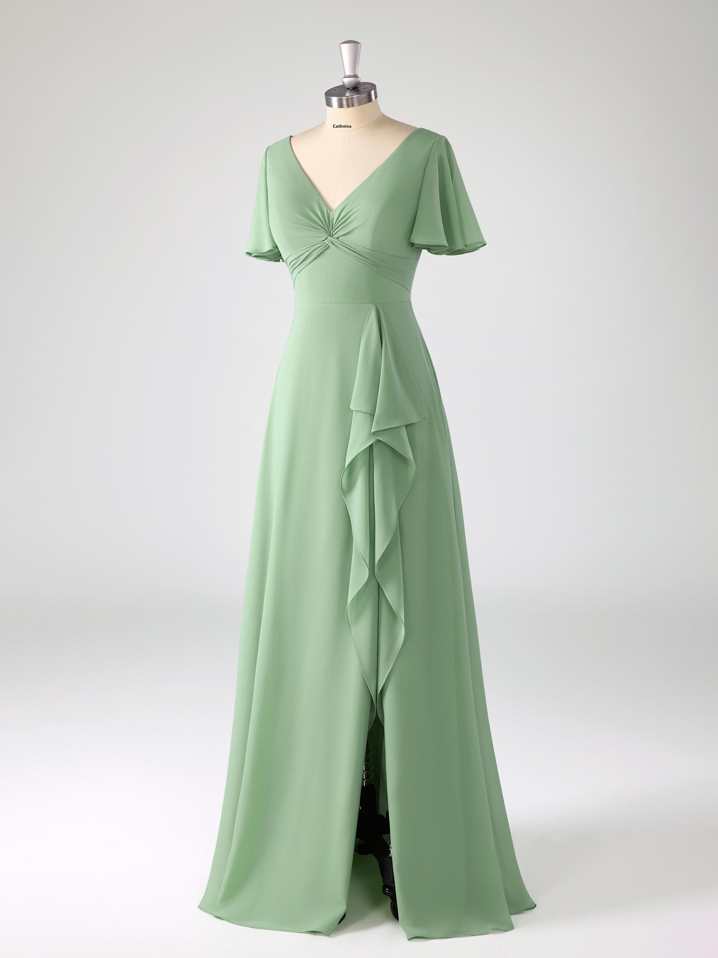 Lyrah Trendy V-neck Ruched Flutter Sleeves Bridesmaid Dresses with Slit