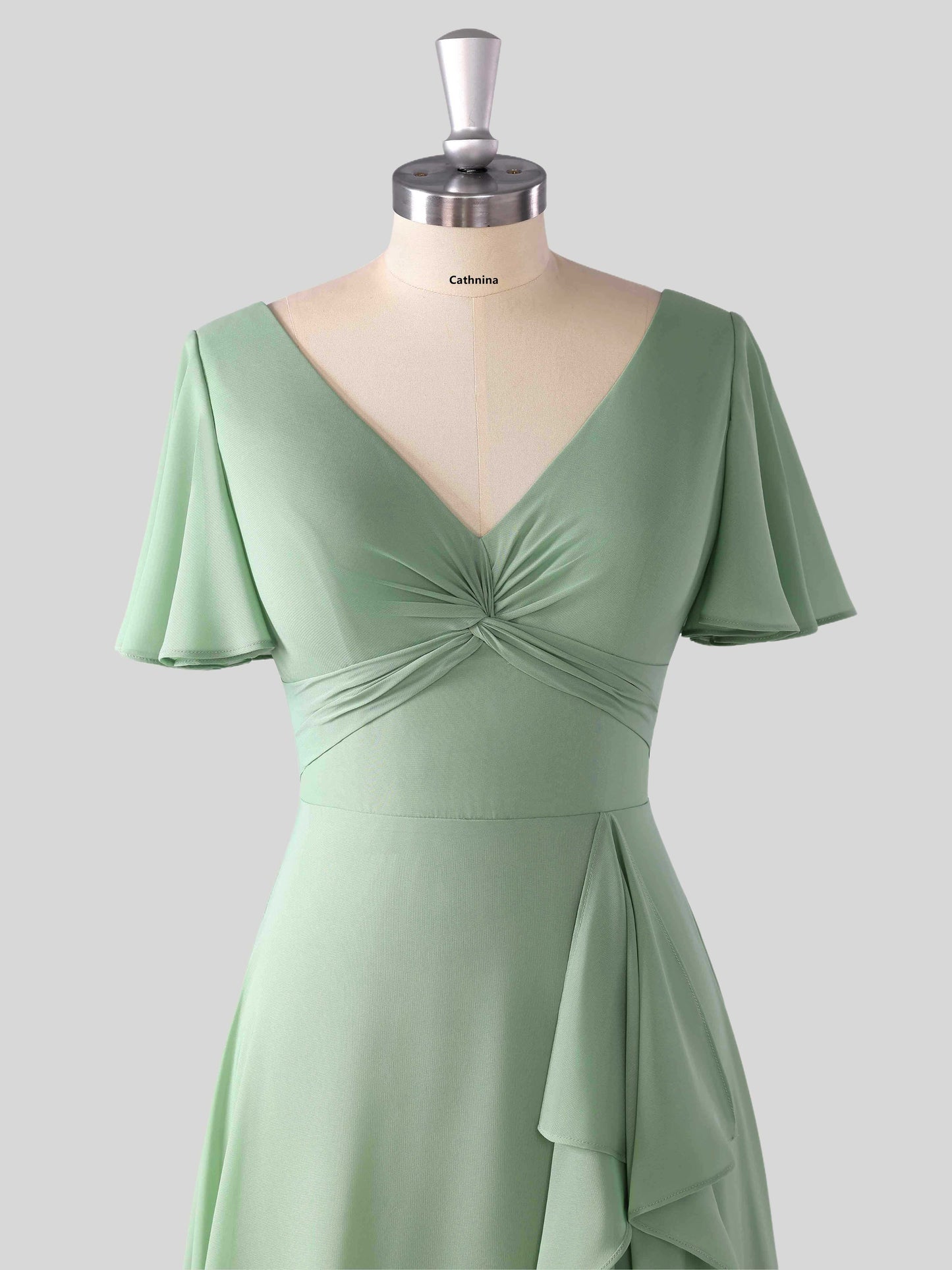 Lyrah Trendy V-neck Ruched Flutter Sleeves Bridesmaid Dresses with Slit