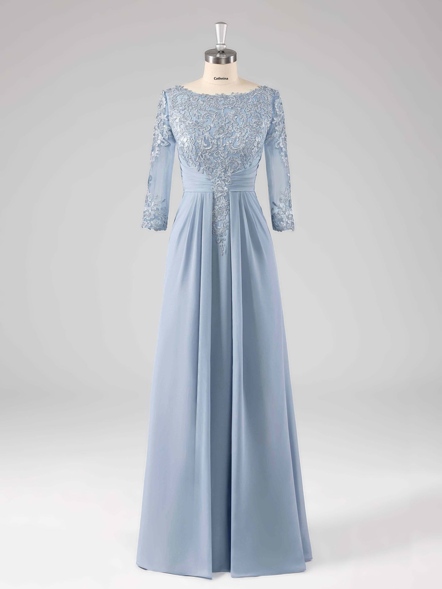 Macy Boat Neck Lace Appliqued A-line Long Chiffon Dresses