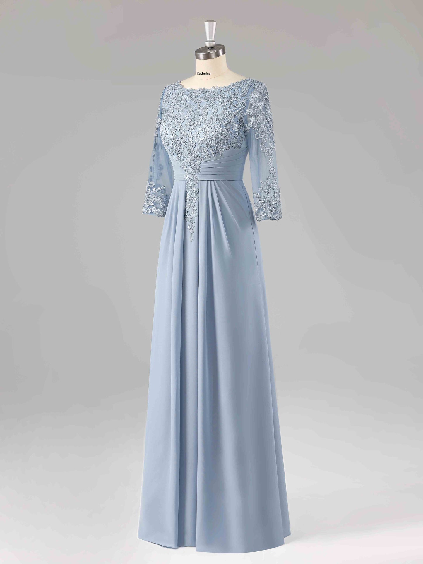 Macy Boat Neck Lace Appliqued A-line Long Chiffon Dresses