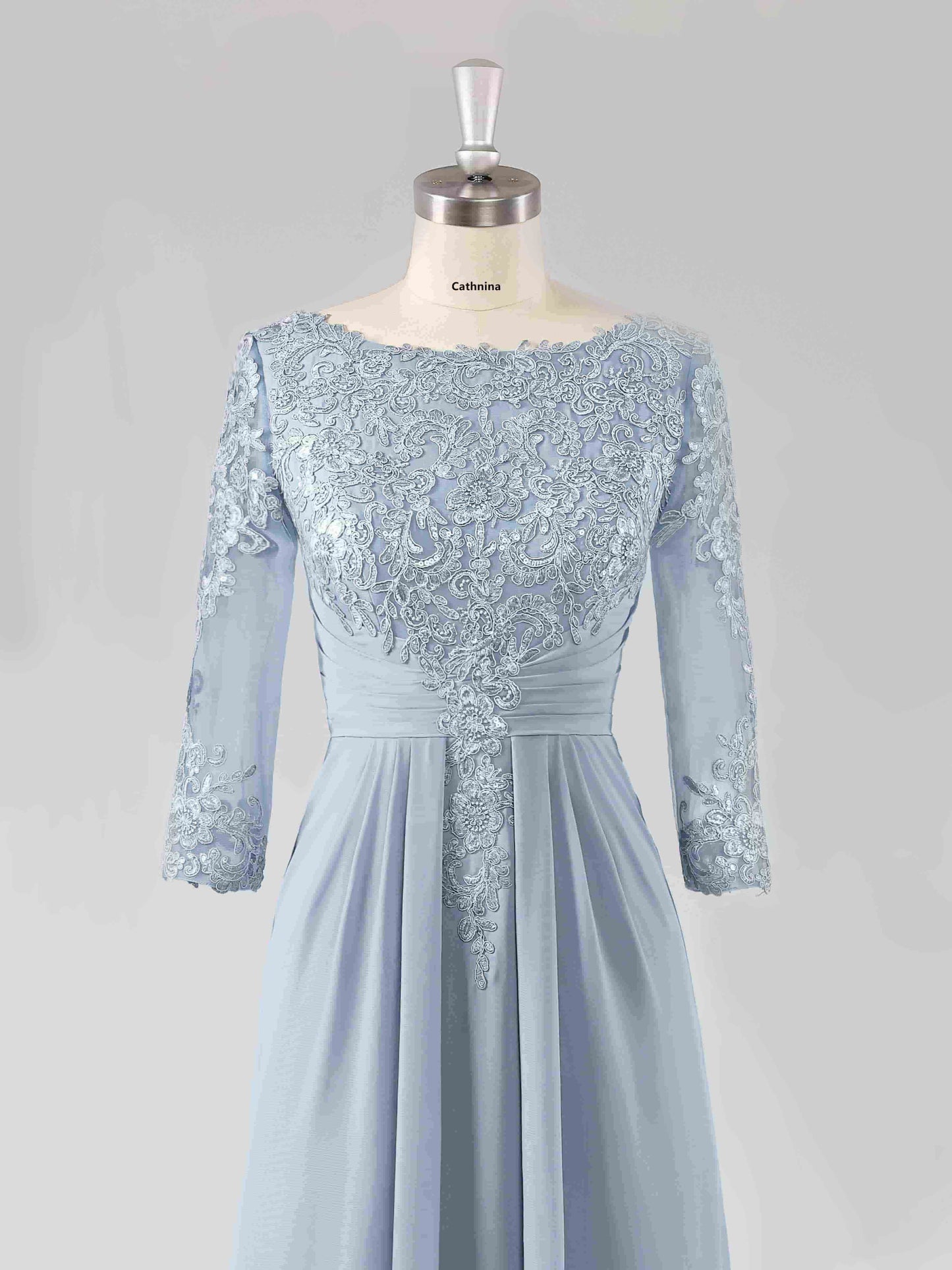 Macy Boat Neck Lace Appliqued A-line Long Chiffon Dresses