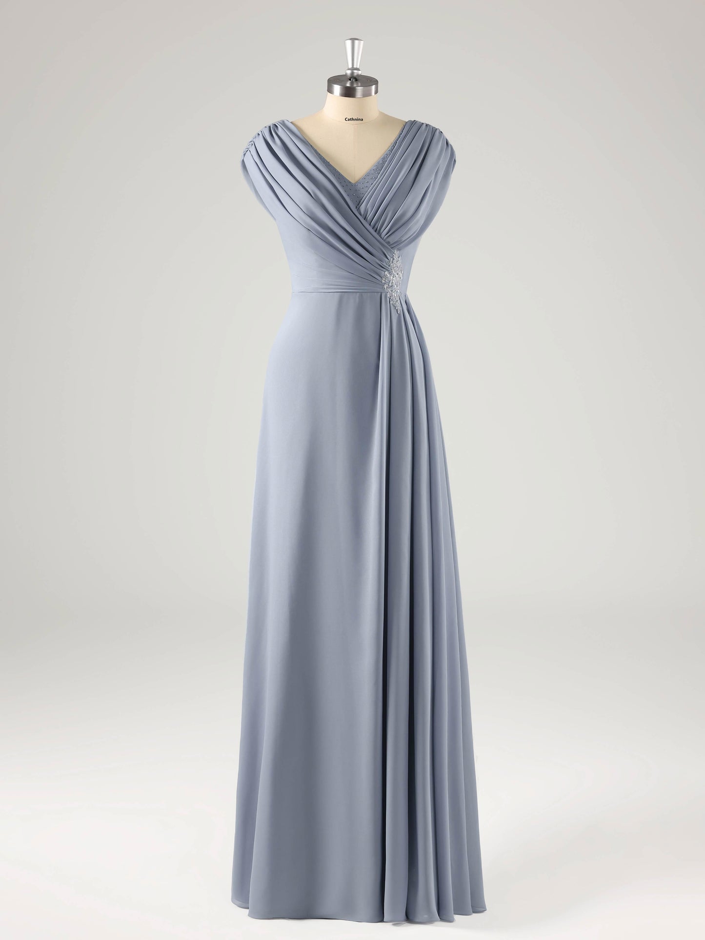 Melva Modest V Neck Beaded Ruched Mother of the Bride Dresses