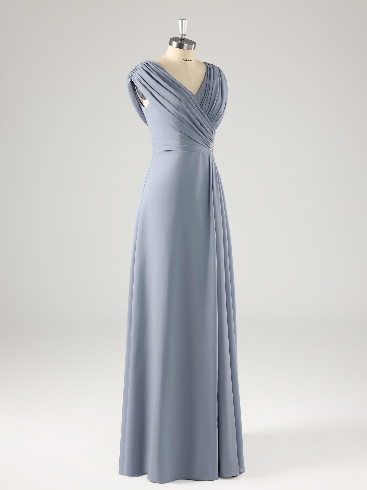 Melva Modest V Neck Beaded Ruched Mother of the Bride Dresses