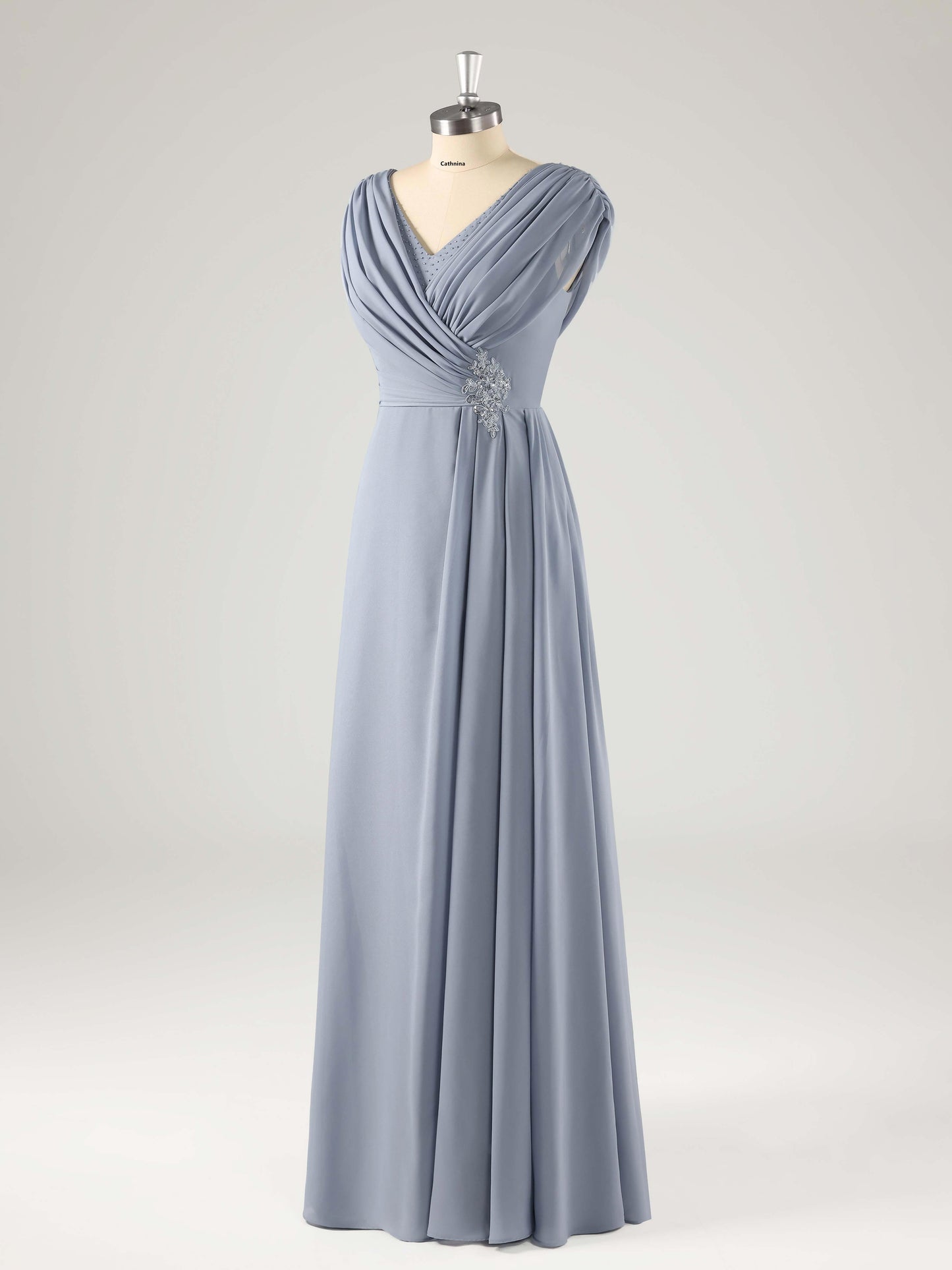 Melva Modest V Neck Beaded Ruched Mother of the Bride Dresses