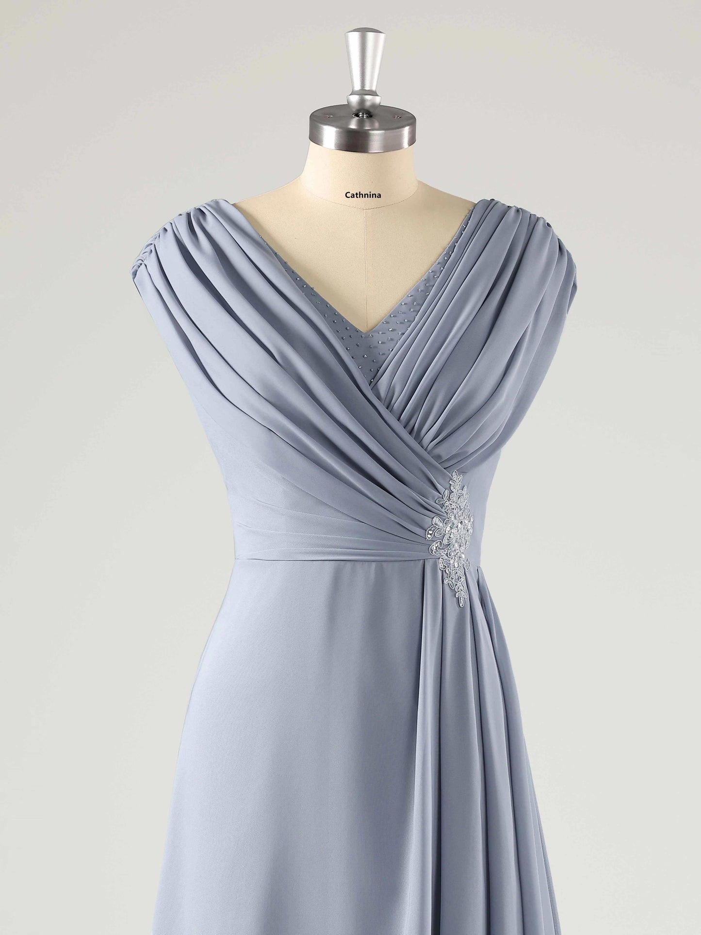 Melva Modest V Neck Beaded Ruched Mother of the Bride Dresses