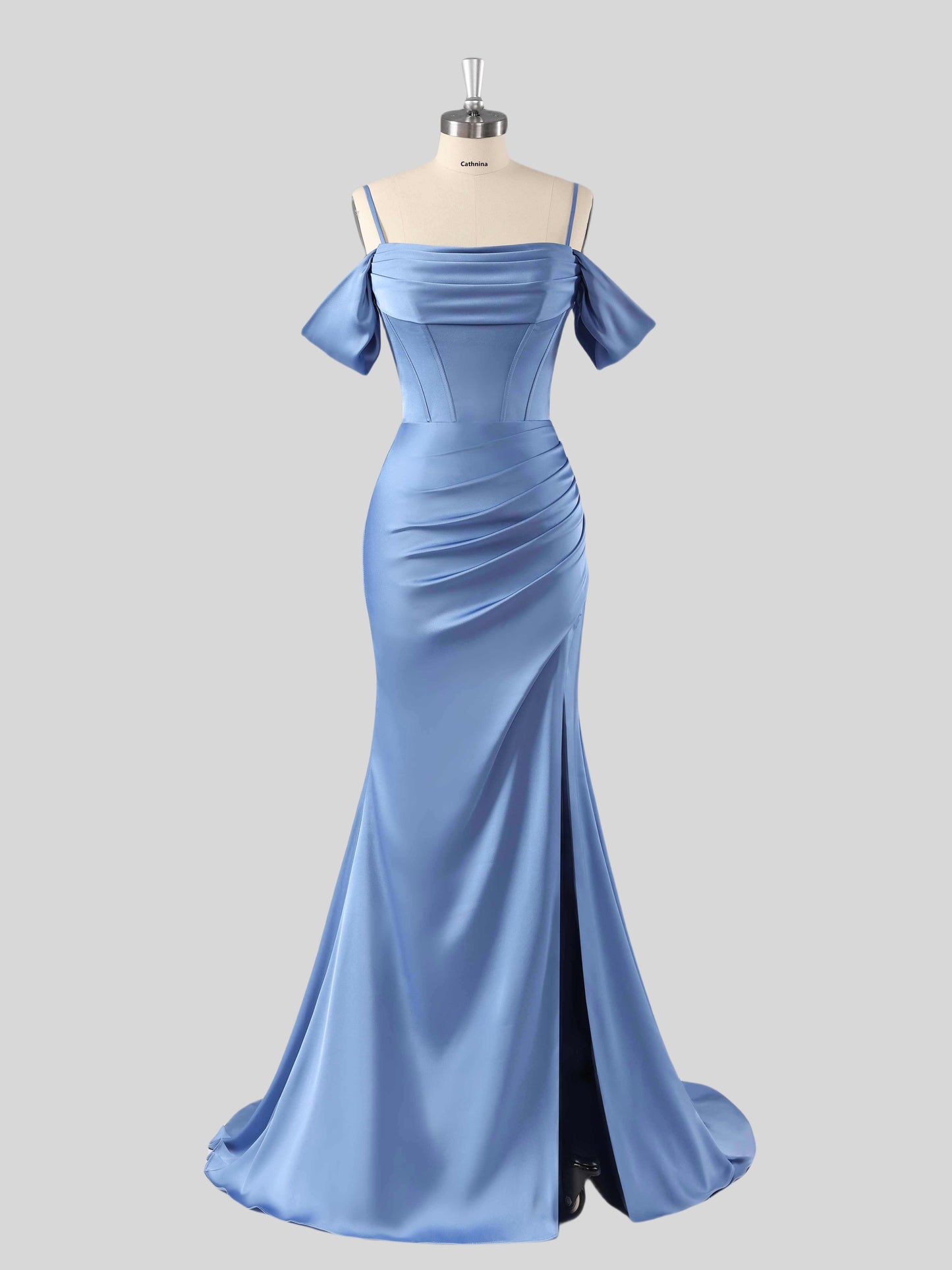 Vida Chic Off-The-Shoulder Sweep Train Satin Dresses