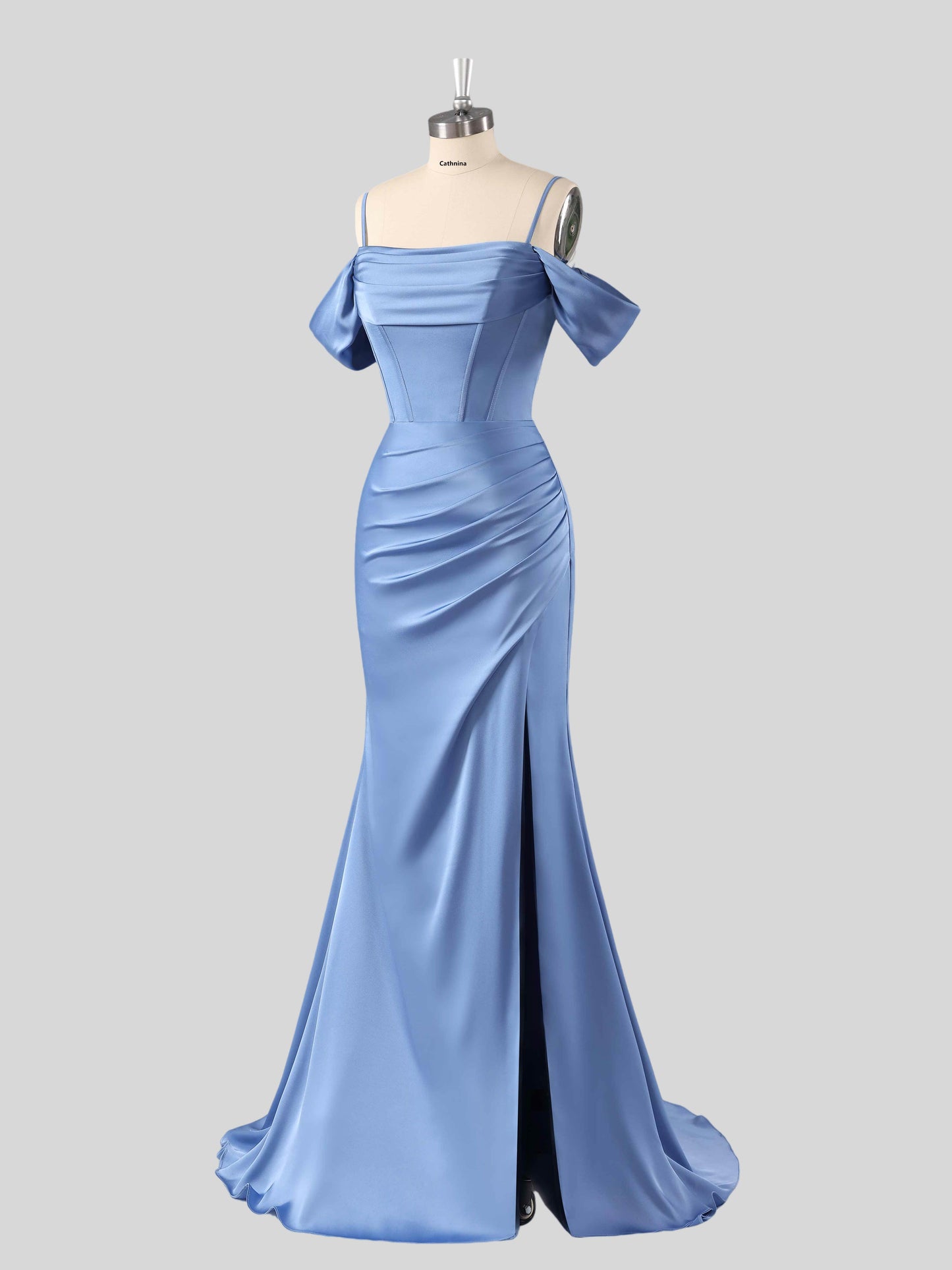Vida Chic Off-The-Shoulder Sweep Train Satin Dresses