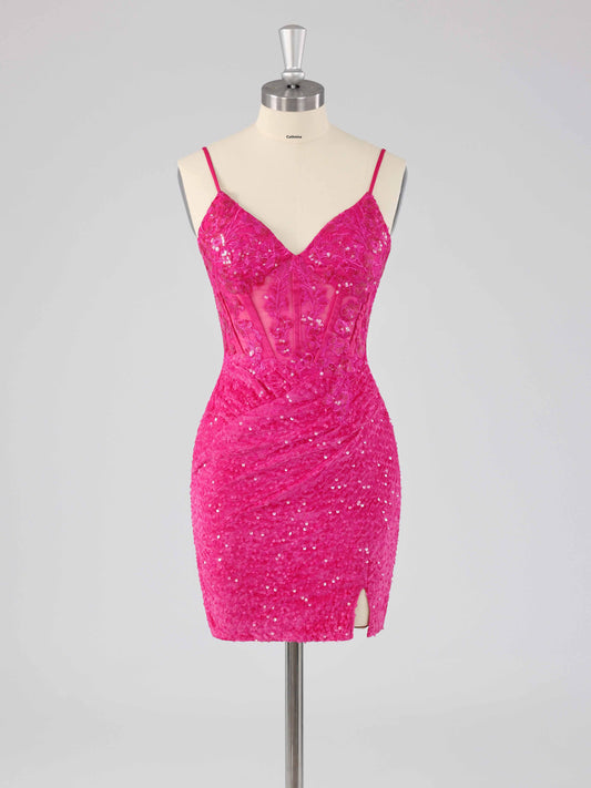 Belor V-Neck Mini Sequin Homecoming Dresses with Slit