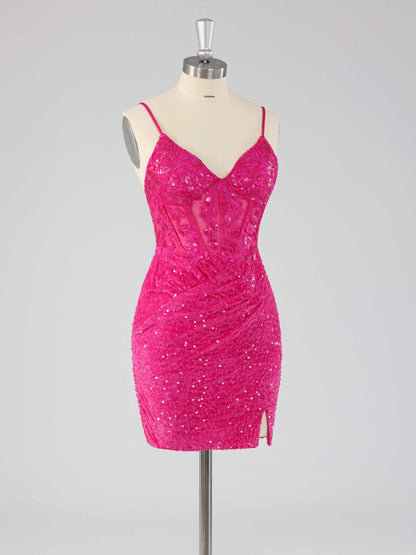 Belor V-Neck Mini Sequin Homecoming Dresses with Slit