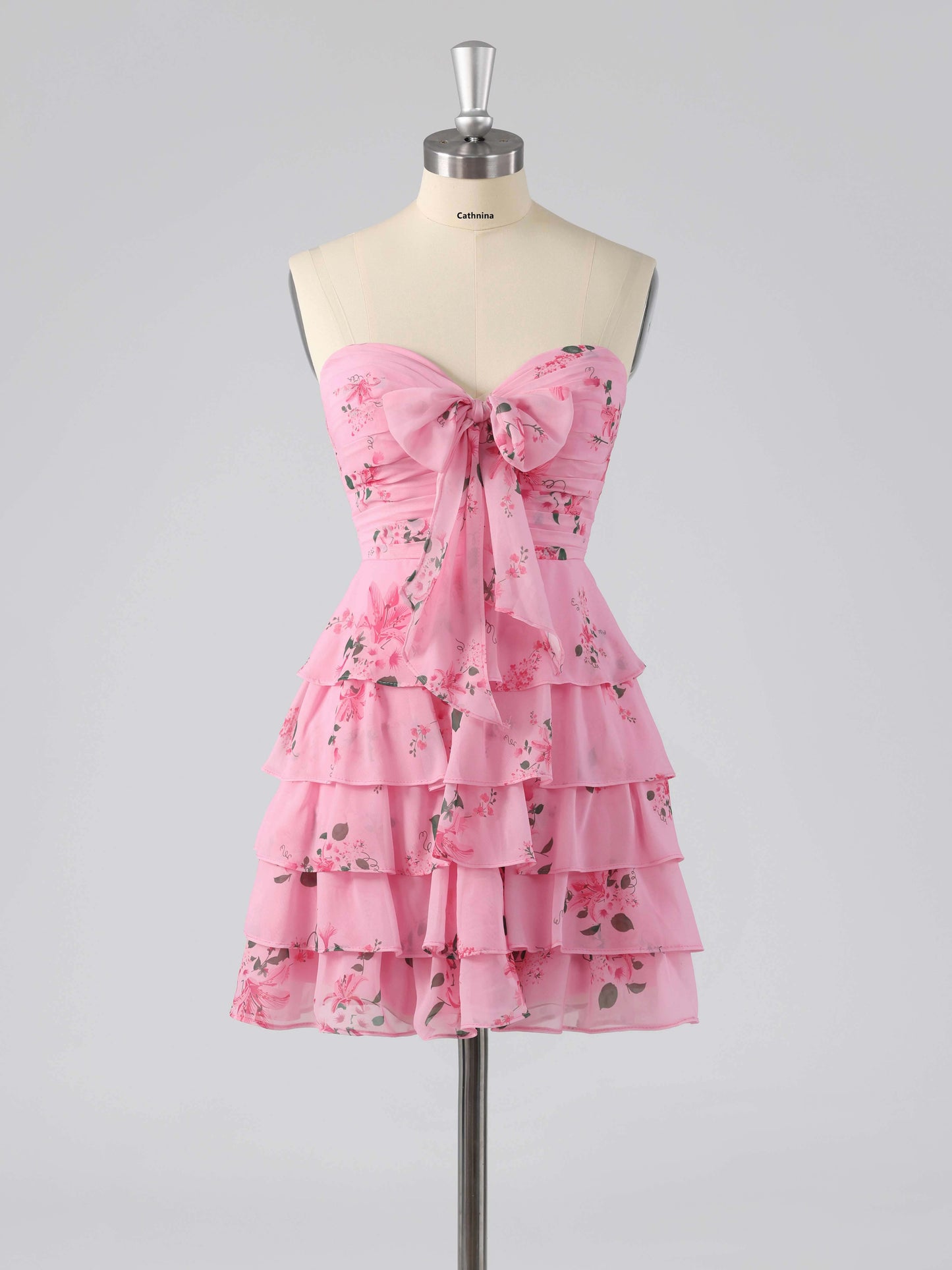 Denor Sweetheart Tiered Floral Print Short Homecoming Dress with Bow