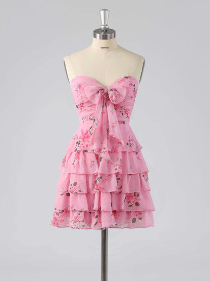Denor Sweetheart Tiered Floral Print Short Homecoming Dress with Bow
