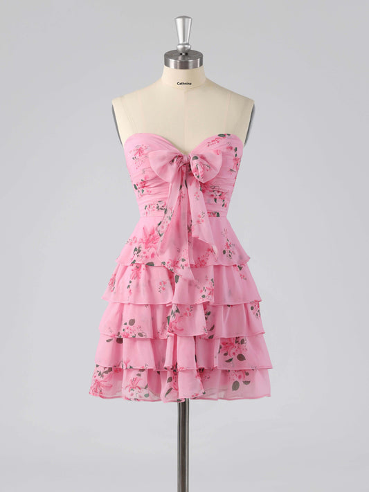 Denor Sweetheart Tiered Floral Print Short Homecoming Dress with Bow