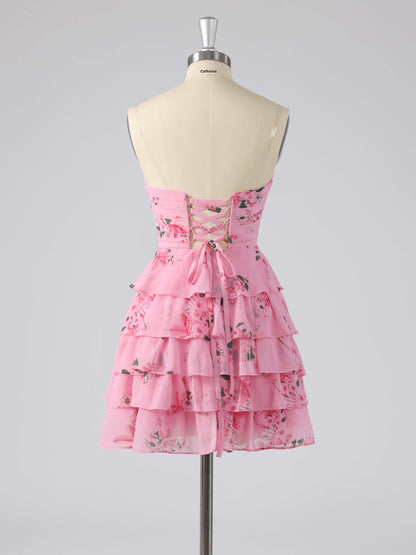 Denor Sweetheart Tiered Floral Print Short Homecoming Dress with Bow