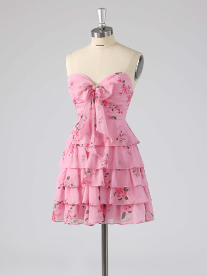 Denor Sweetheart Tiered Floral Print Short Homecoming Dress with Bow
