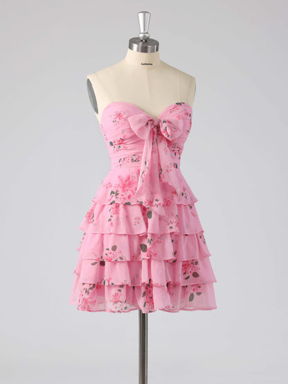 Denor Sweetheart Tiered Floral Print Short Homecoming Dress with Bow