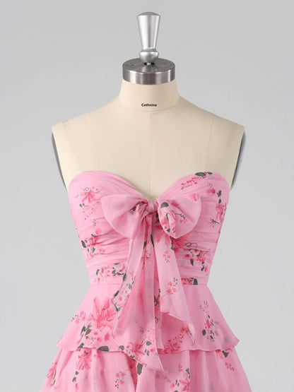 Denor Sweetheart Tiered Floral Print Short Homecoming Dress with Bow
