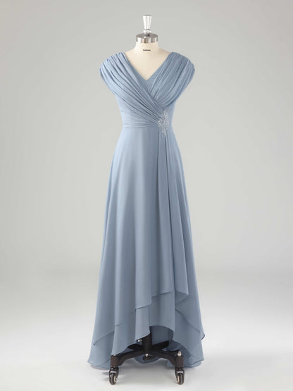 Eveloria Modest V Neck Beaded Ruched Asymmetrical Chiffon Mother Of The Bride Dresses UK