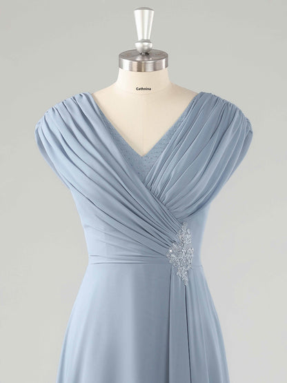 Eveloria Modest V Neck Beaded Ruched Asymmetrical Chiffon Mother Of The Bride Dresses UK