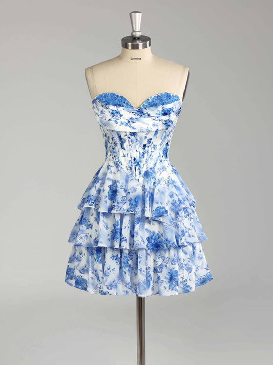 Faryn Stunning Strapless Tiered Floral Print Chiffon Mini Homecoming Dresses