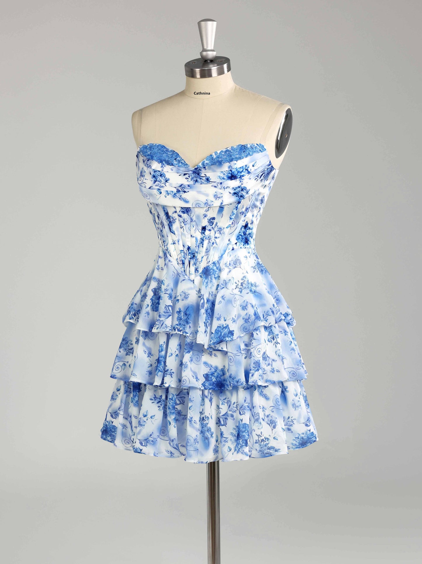 Faryn Stunning Strapless Tiered Floral Print Chiffon Mini Homecoming Dresses