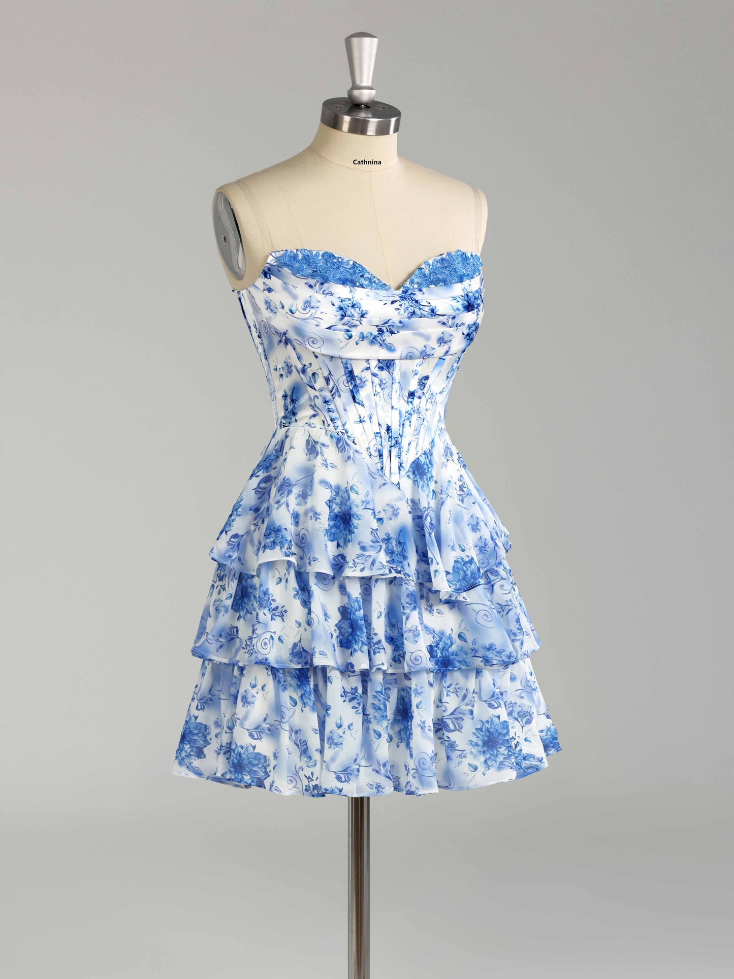 Faryn Stunning Strapless Tiered Floral Print Chiffon Mini Homecoming Dresses