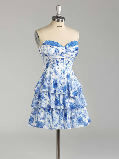 Faryn Stunning Strapless Tiered Floral Print Chiffon Mini Homecoming Dresses