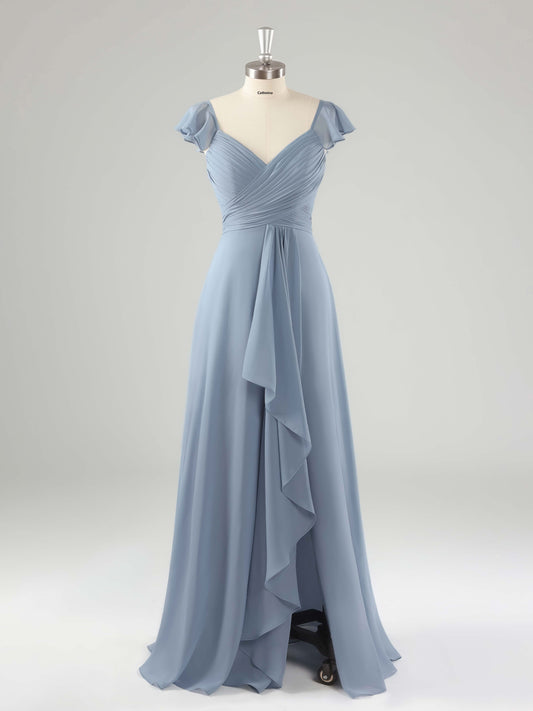 Lainey V-Neck A-line Floor Length Bridesmaid Dresses with Slit