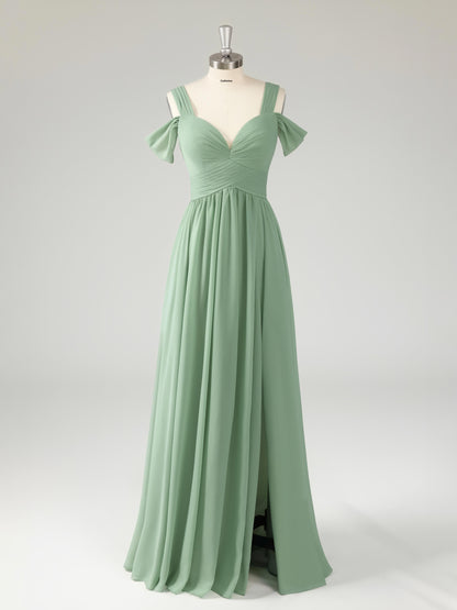Lanie Modest Off-the-Shoulder Pleated Bridesmaid Dresses with Slit
