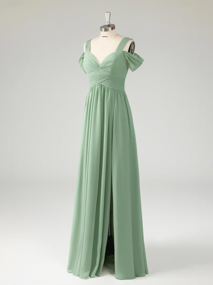 Lanie Modest Off-the-Shoulder Pleated Bridesmaid Dresses with Slit