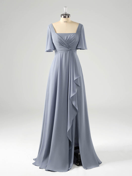 Laria Delicate Square Long Chiffon Bridesmaid Dresses with Slit