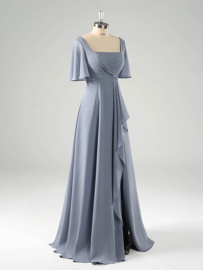 Laria Delicate Square Long Chiffon Bridesmaid Dresses with Slit