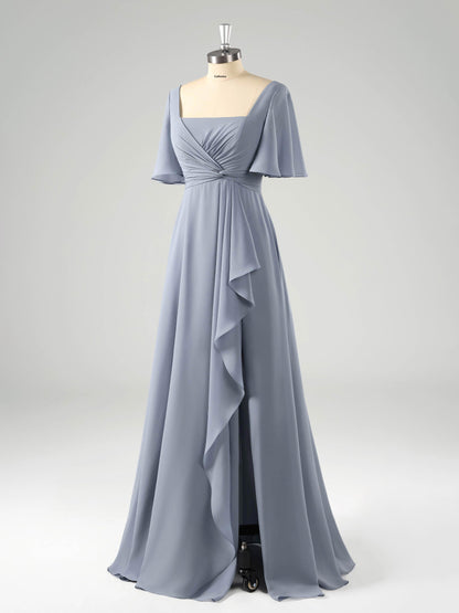 Laria Delicate Square Long Chiffon Bridesmaid Dresses with Slit