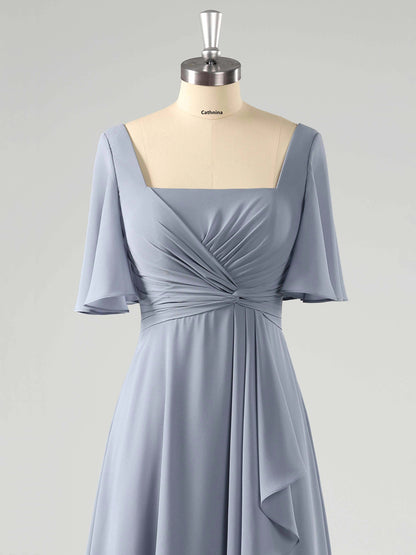 Laria Delicate Square Long Chiffon Bridesmaid Dresses with Slit